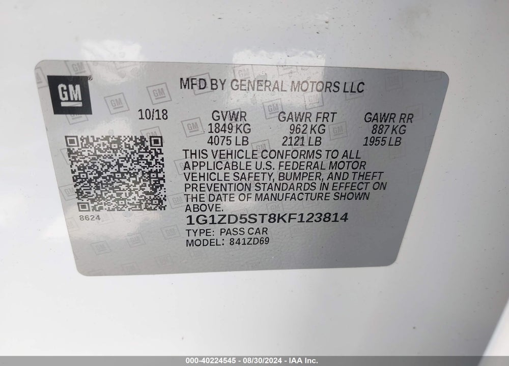 2019 CHEVROLET MALIBU LT VIN: 1G1ZD5ST8KF123814