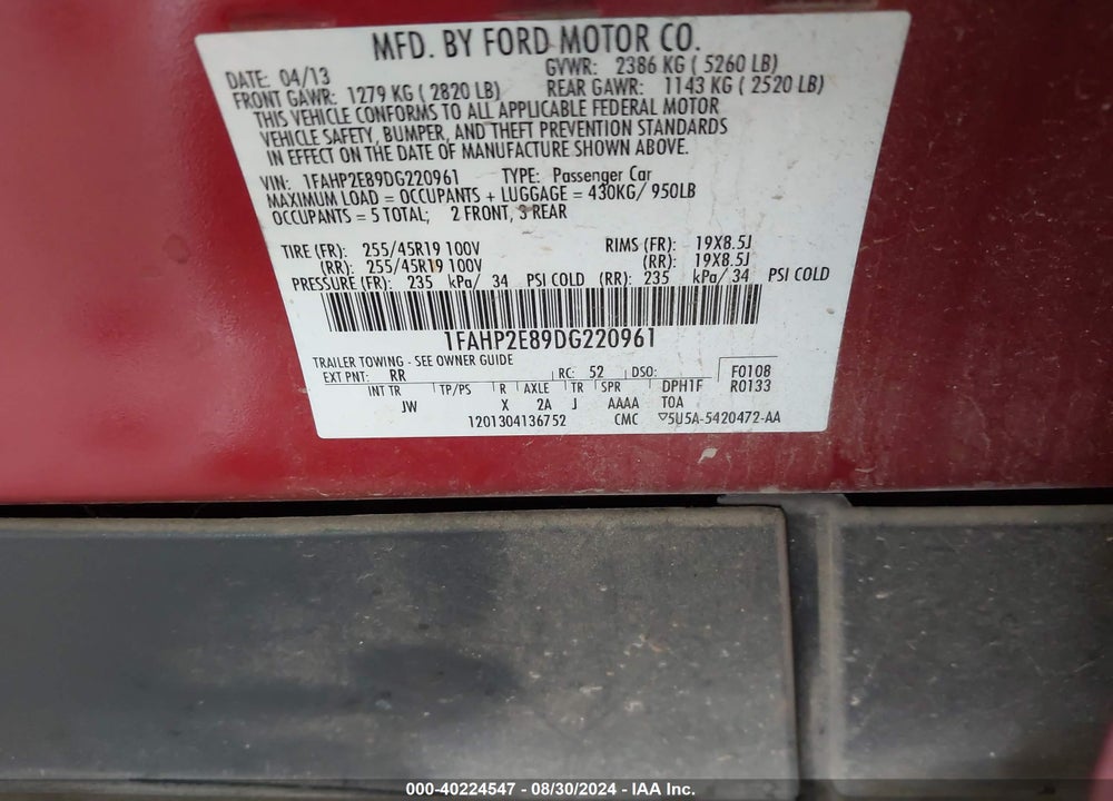 2013 FORD TAURUS SEL VIN: 1FAHP2E89DG220961