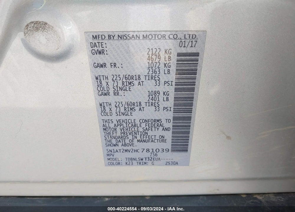 2017 NISSAN ROGUE SL VIN: 5N1AT2MV2HC781039