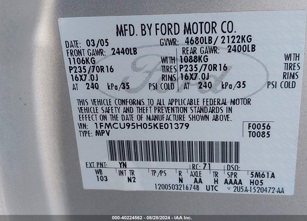 2005 FORD ESCAPE VIN: 1FMCU95H05KE01379