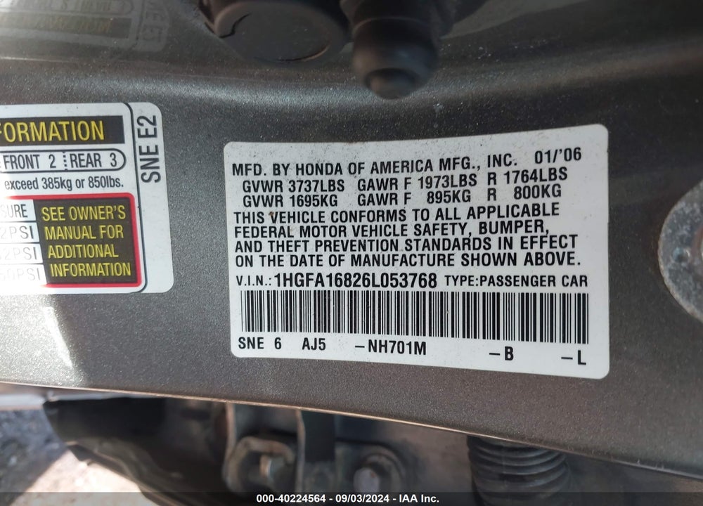 2006 HONDA CIVIC EX VIN: 1HGFA16826L053768