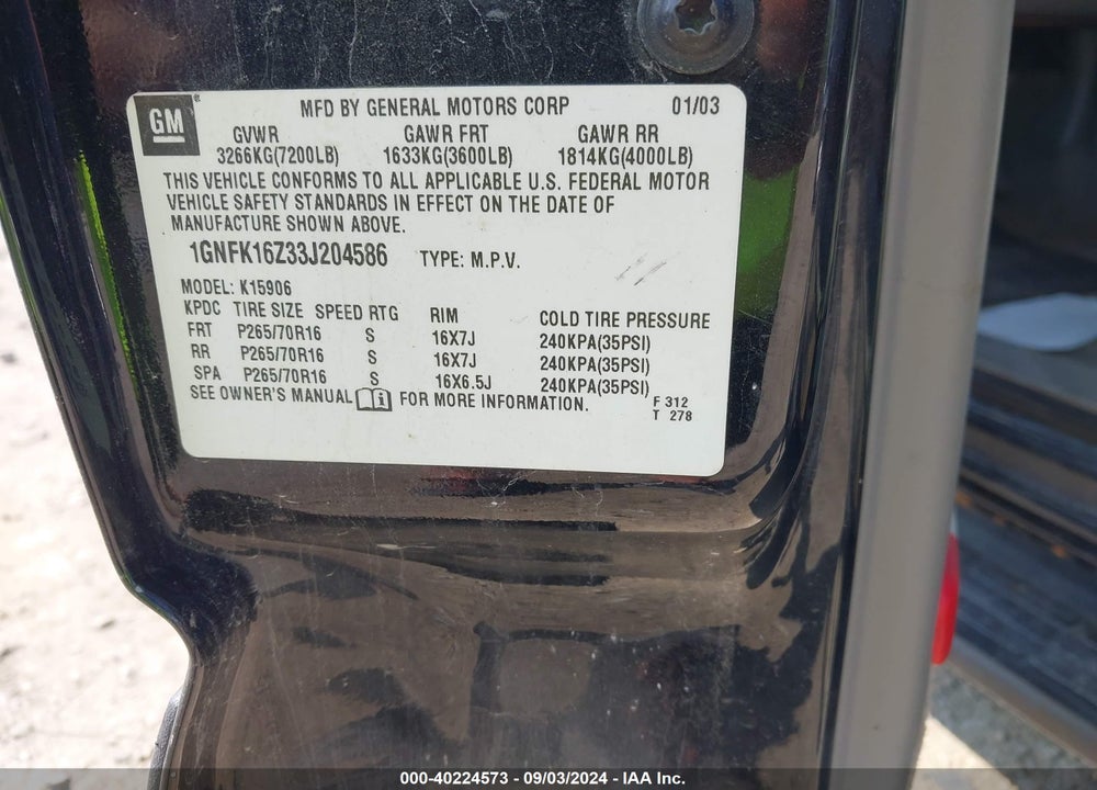 2003 CHEVROLET SUBURBAN 1500 LT VIN: 1GNFK16Z33J204586