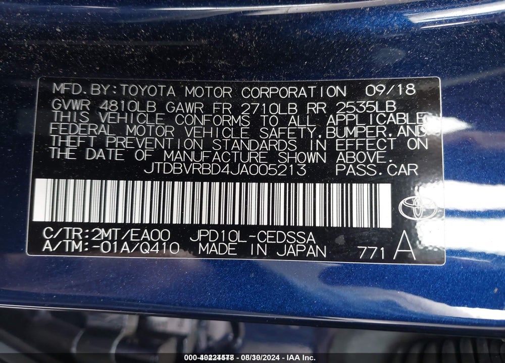 2018 TOYOTA MIRAI VIN: JTDBVRBD4JA005213