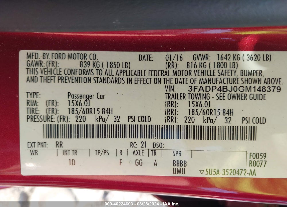 2016 FORD FIESTA SE VIN: 3FADP4BJ0GM148379