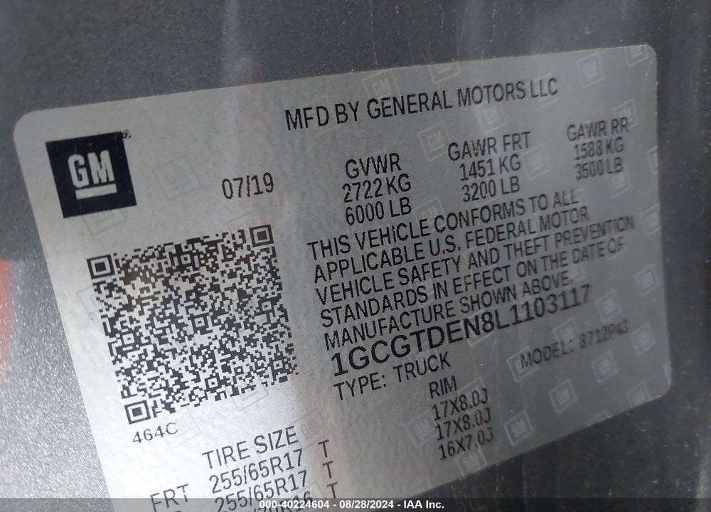 2020 CHEVROLET COLORADO VIN: 1GCGTDEN8L1103117