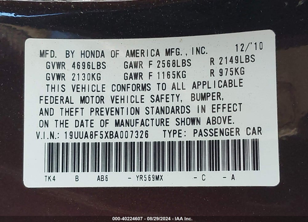 2011 ACURA TL 3.5 VIN: 19UUA8F5XBA007326