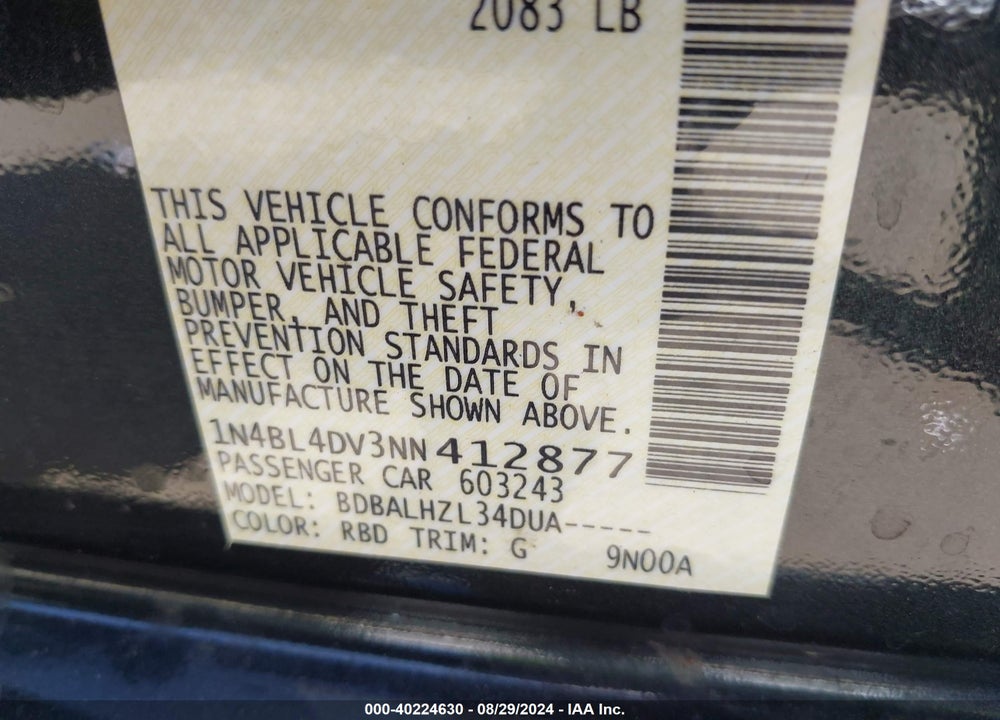 2022 NISSAN ALTIMA SV FWD VIN: 1N4BL4DV3NN412877