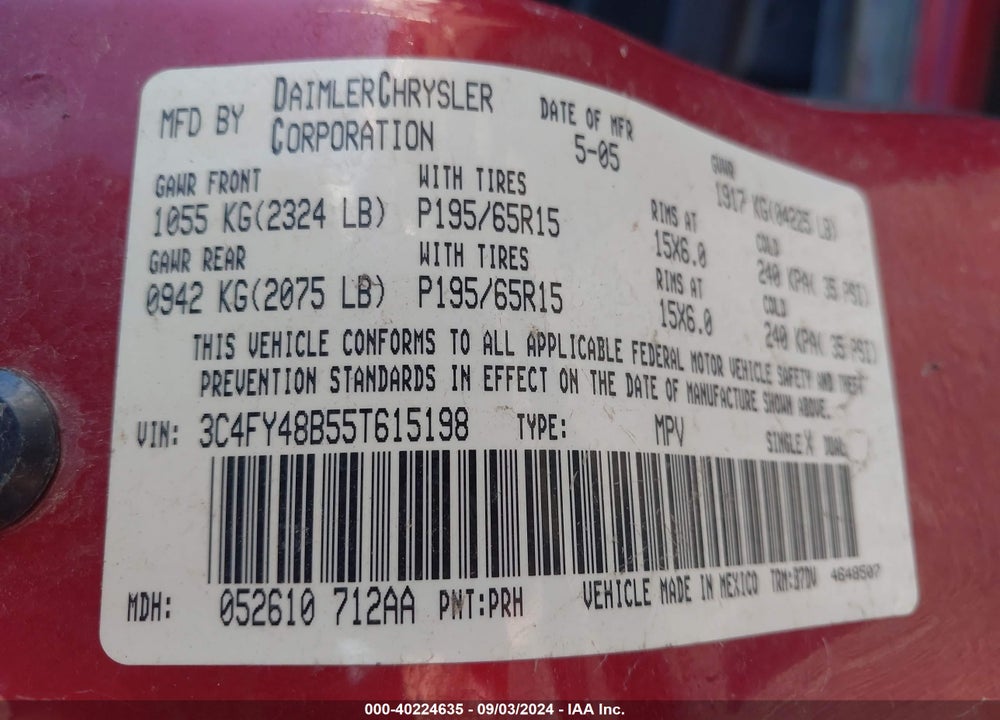 2005 CHRYSLER PT CRUISER VIN: 3C4FY48B55T615198