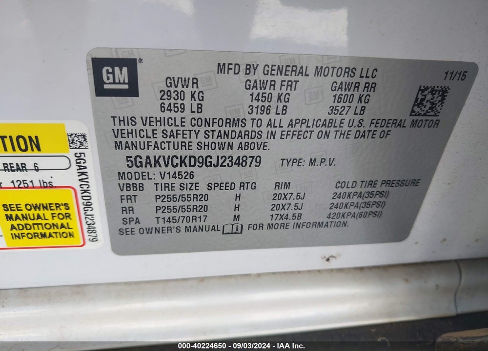 2016 BUICK ENCLAVE PREMIUM VIN: 5GAKVCKD9GJ234879