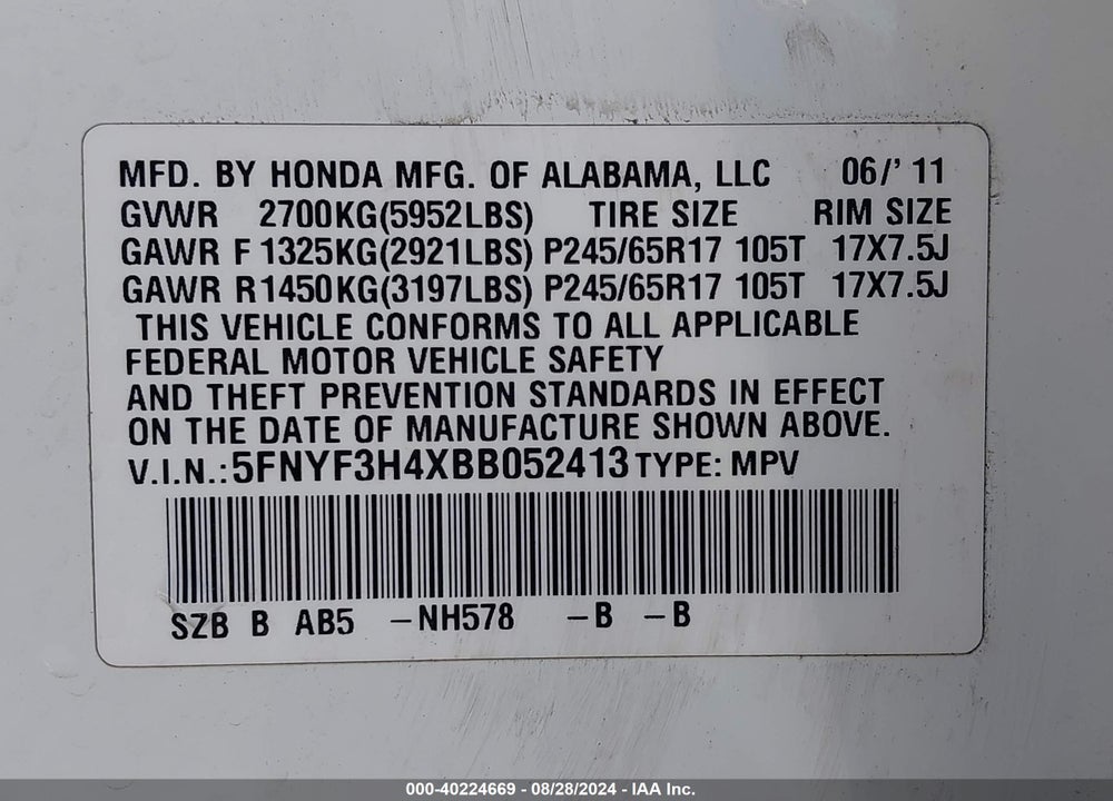 2011 HONDA PILOT EX VIN: 5FNYF3H4XBB052413
