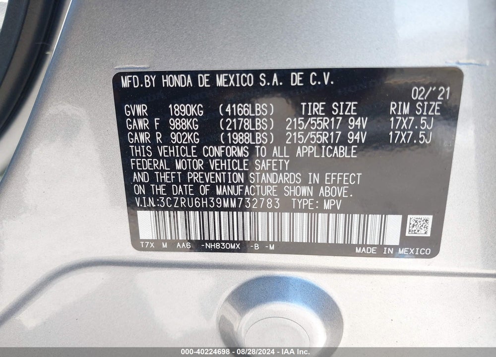 2021 HONDA HR-V AWD LX VIN: 3CZRU6H39MM732783