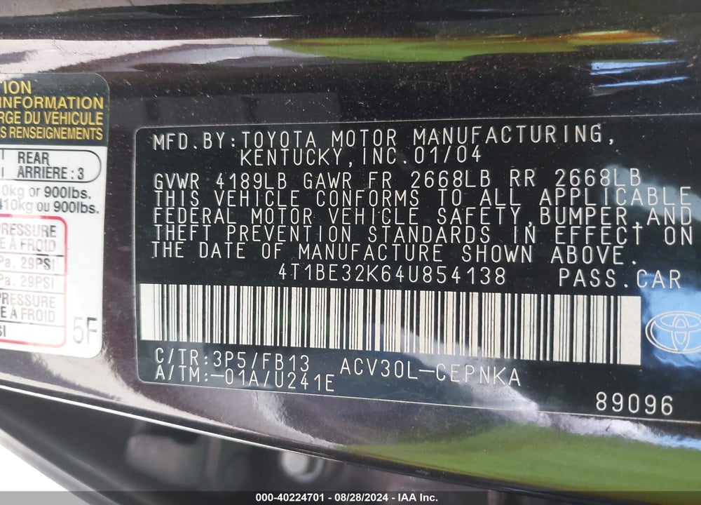 2004 TOYOTA CAMRY LE VIN: 4T1BE32K64U854138