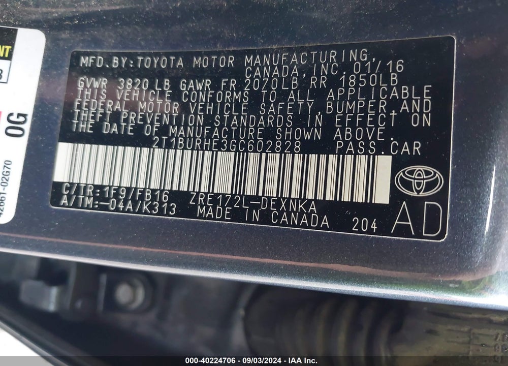 2016 TOYOTA COROLLA LE VIN: 2T1BURHE3GC602828