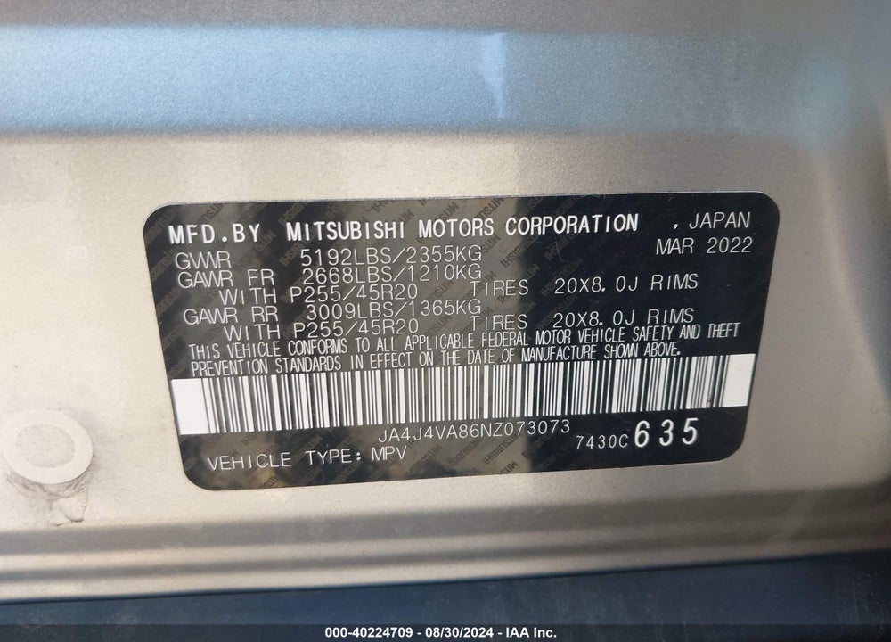2022 MITSUBISHI OUTLANDER SEL 2.5 S-AWC/SEL LAUNCH EDITION S-AWC/SEL SPECIAL EDITION VIN: JA4J4VA86NZ073073