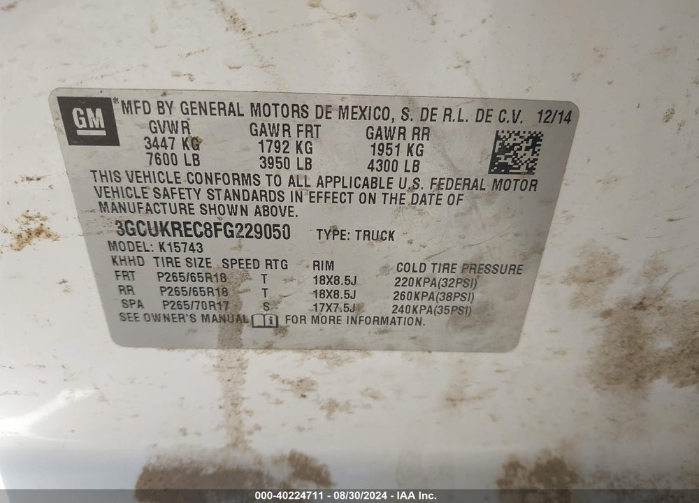 2015 CHEVROLET SILVERADO 1500 1LT VIN: 3GCUKREC8FG229050