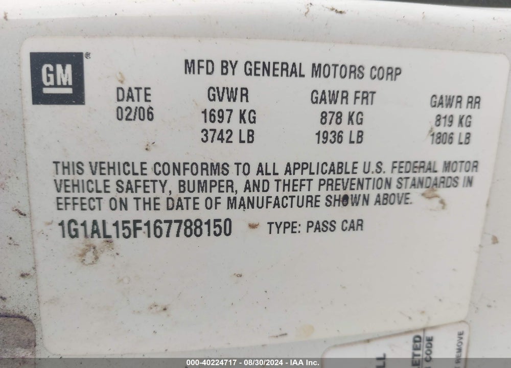 2006 CHEVROLET COBALT VIN: 1G1AL15F167788150