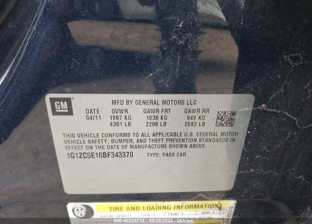 2011 CHEVROLET MALIBU 1LT VIN: 1G1ZC5E16BF343370
