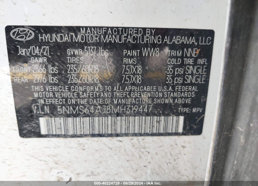 2021 HYUNDAI SANTA FE SEL VIN: 5NMS64AJ8MH319447