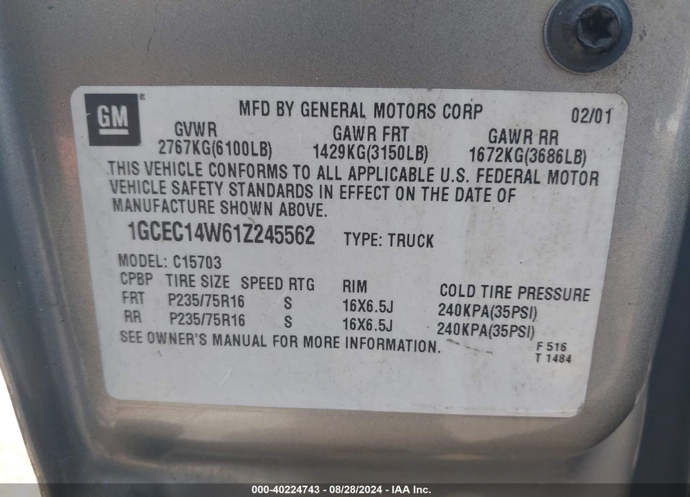 2001 CHEVROLET SILVERADO 1500 VIN: 1GCEC14W61Z245562