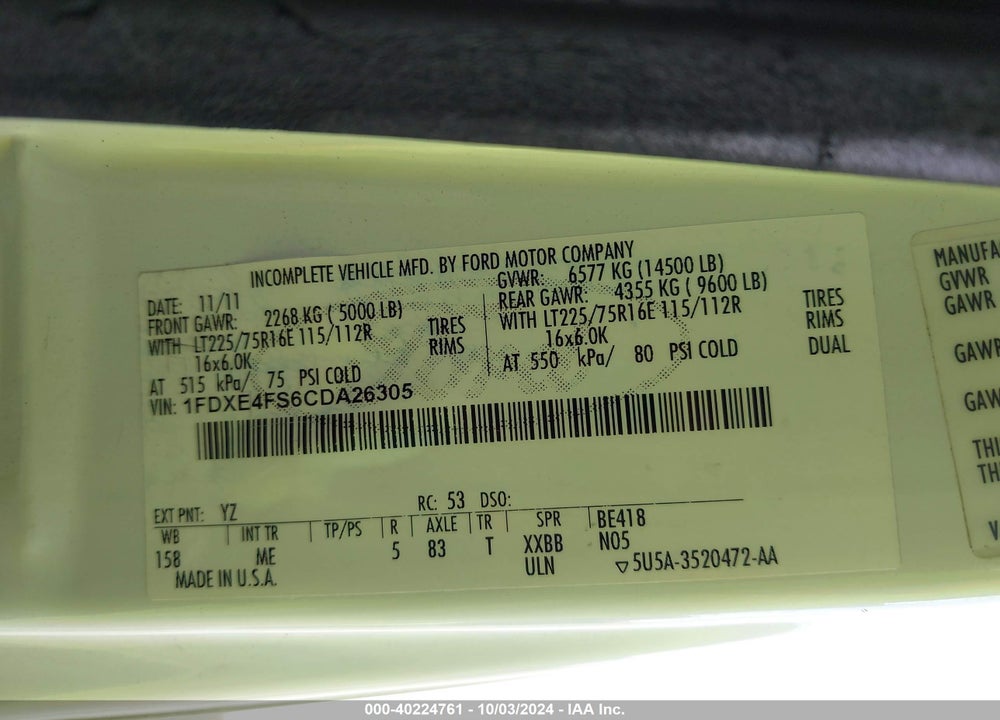 2012 AMERITRANS BUS E-450 CUTAWAY VIN: 1FDXE4FS6CDA26305