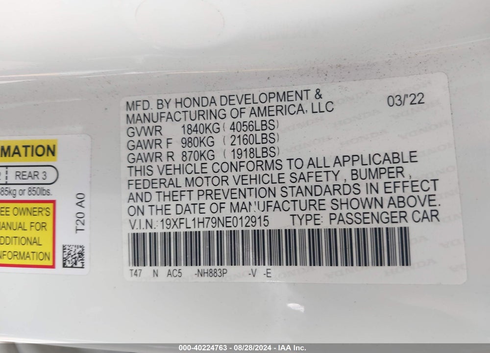 2022 HONDA CIVIC EX-L VIN: 19XFL1H79NE012915