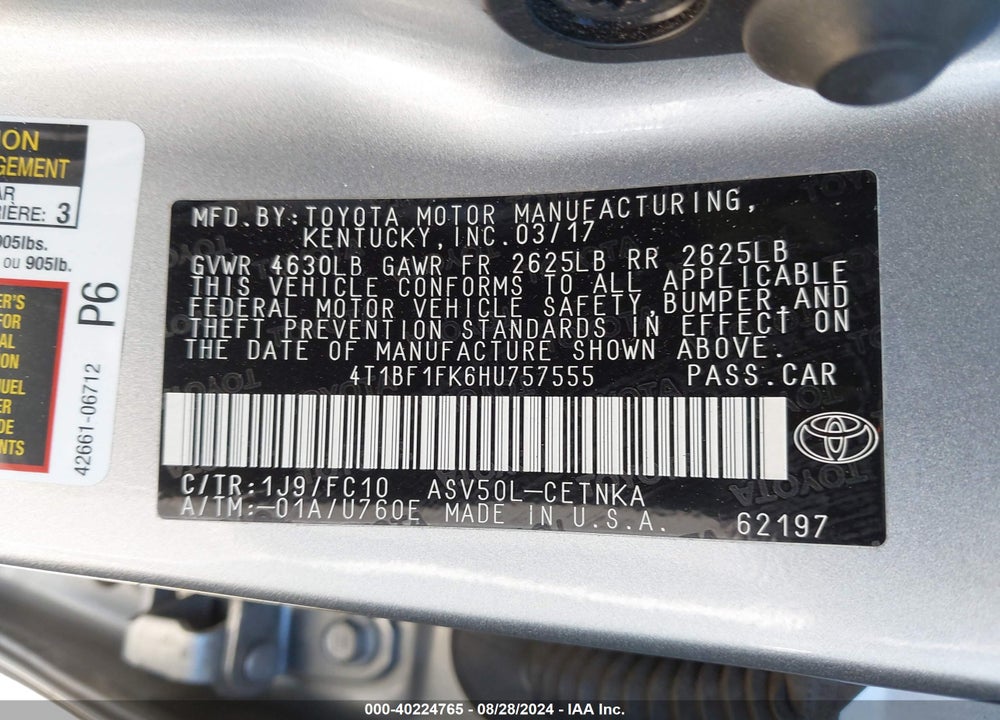 2017 TOYOTA CAMRY LE VIN: 4T1BF1FK6HU757555