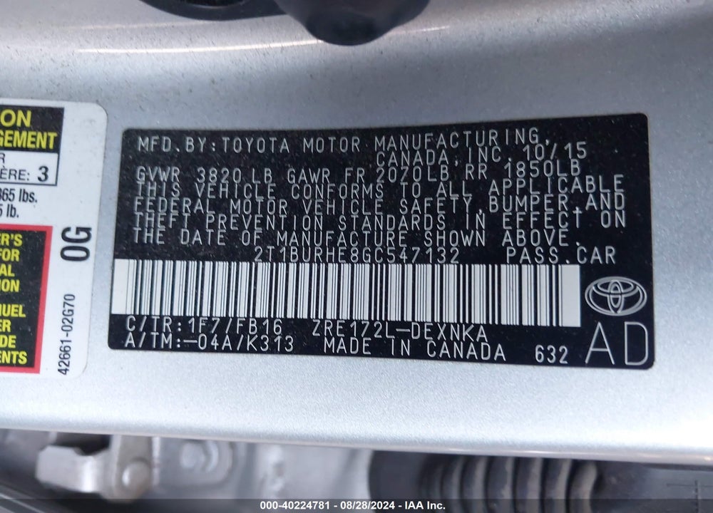 2016 TOYOTA COROLLA LE VIN: 2T1BURHE8GC547132