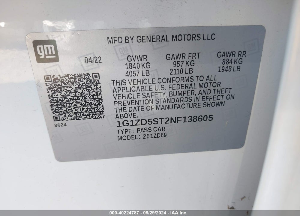 2022 CHEVROLET MALIBU FWD LT VIN: 1G1ZD5ST2NF138605