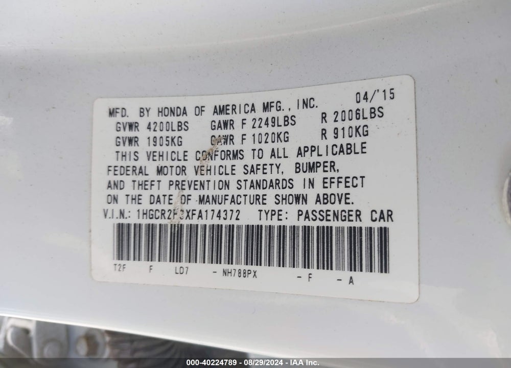 2015 HONDA ACCORD LX VIN: 1HGCR2F3XFA174372