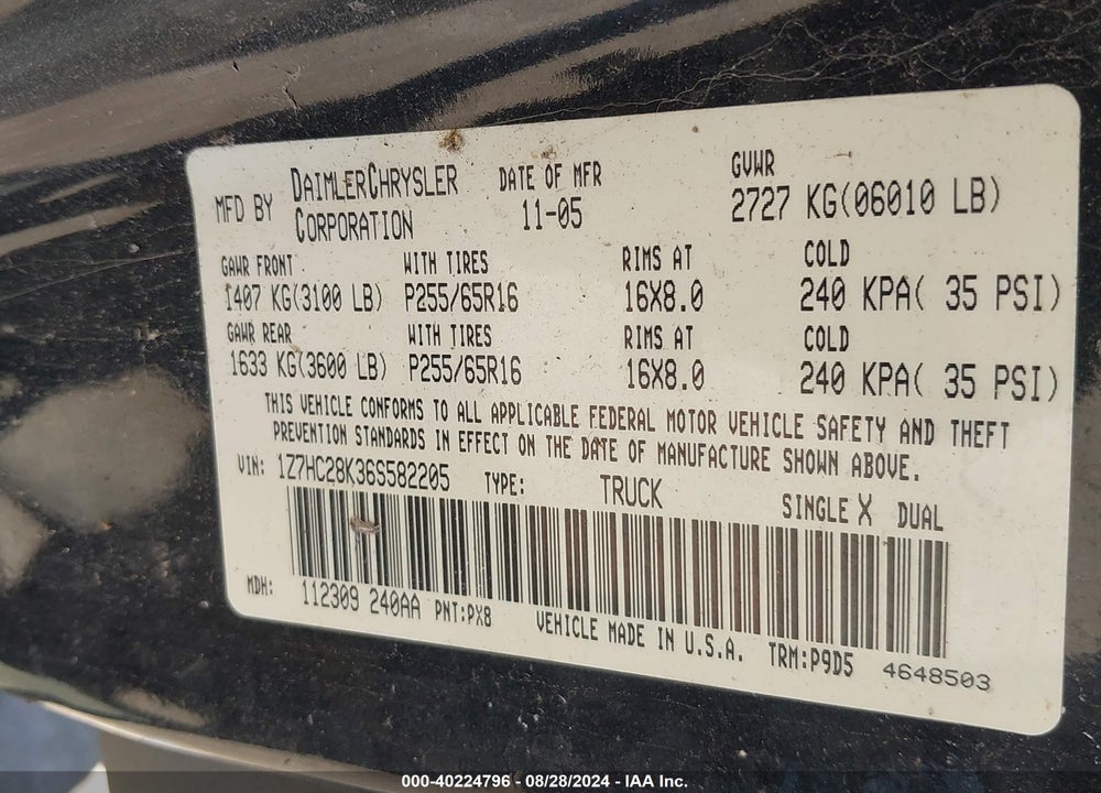 2006 MITSUBISHI RAIDER LS VIN: 1Z7HC28K36S582205