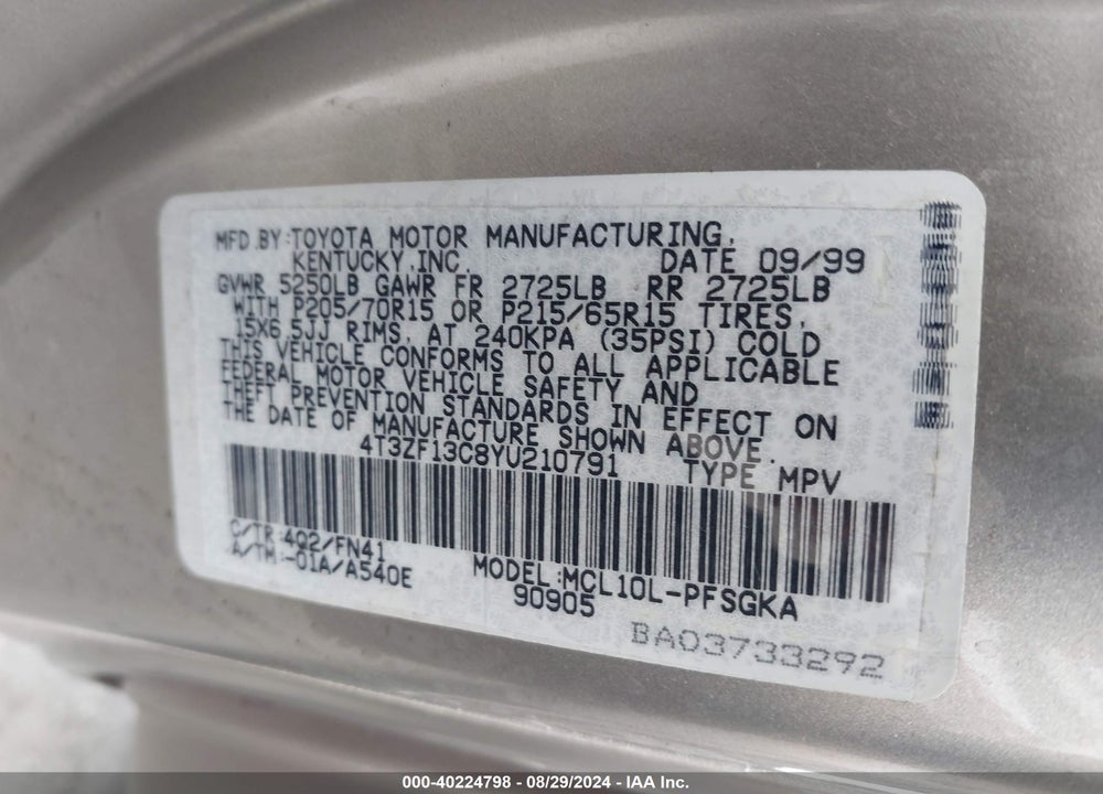 2000 TOYOTA SIENNA LE VIN: 4T3ZF13C8YU210791