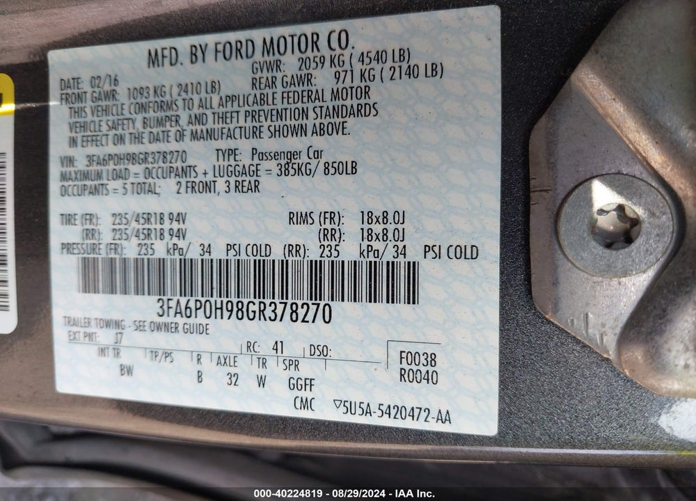 2016 FORD FUSION SE VIN: 3FA6P0H98GR378270