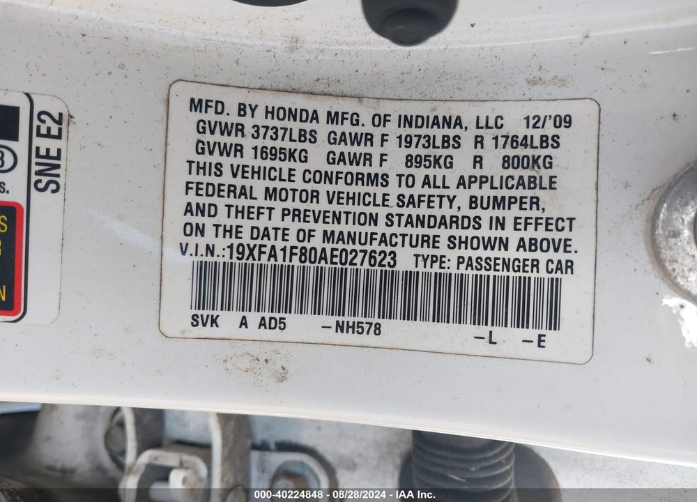 2010 HONDA CIVIC EX VIN: 19XFA1F80AE027623