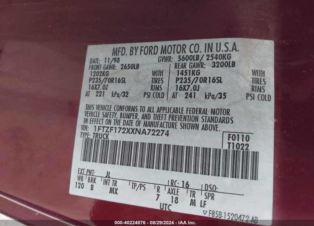 1999 FORD F-150 WORK SERIES/XL/XLT VIN: 1FTZF172XXNA72274