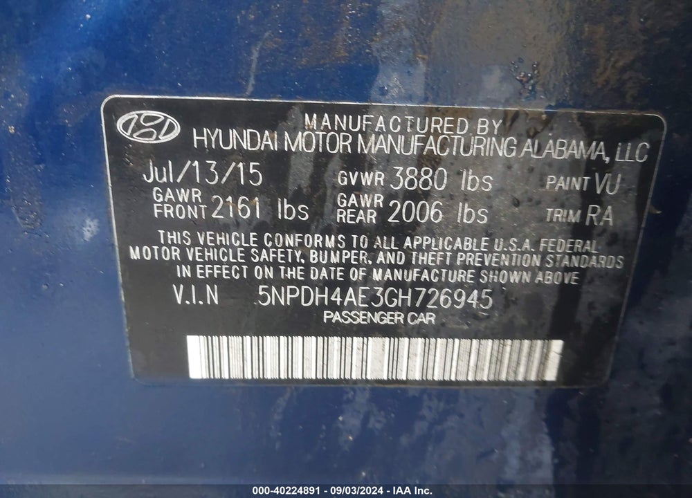 2016 HYUNDAI ELANTRA SE VIN: 5NPDH4AE3GH726945