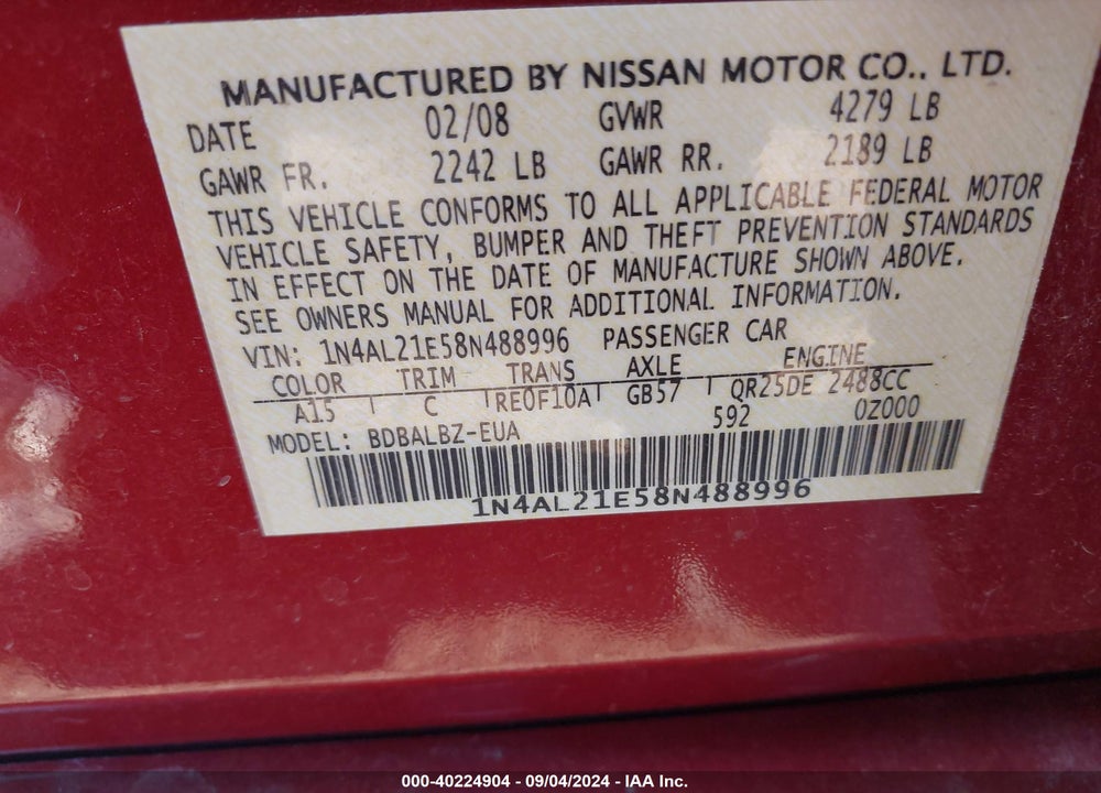 2008 NISSAN ALTIMA 2.5 S VIN: 1N4AL21E58N488996