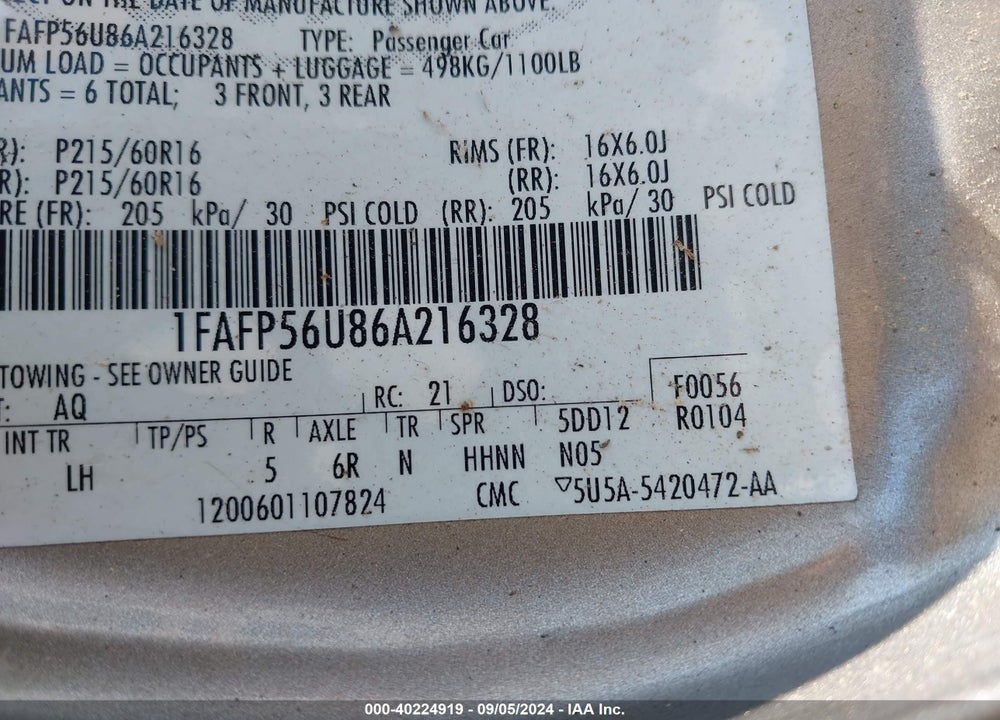 2006 FORD TAURUS VIN: 1FAFP56U86A216328