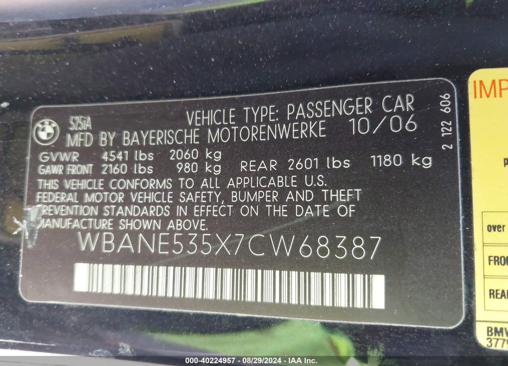 2007 BMW 525I VIN: WBANE535X7CW68387