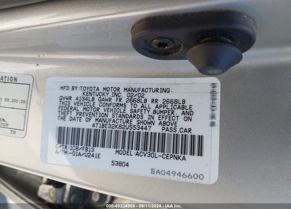 2002 TOYOTA CAMRY LE VIN: 4T1BE32K82U553447
