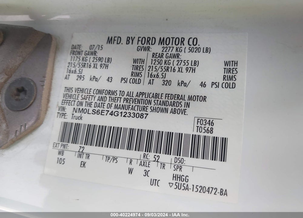 2016 FORD TRANSIT CONNECT XL VIN: NM0LS6E74G1233087