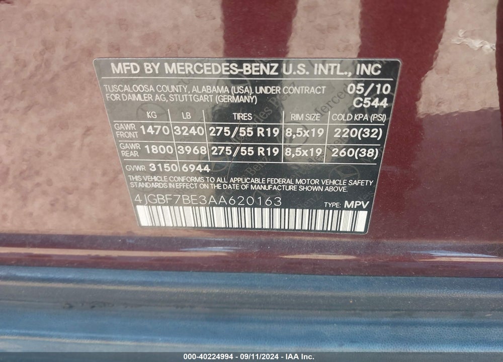2010 MERCEDES-BENZ GL 450 4MATIC VIN: 4JGBF7BE3AA620163