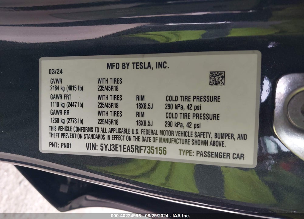 2024 TESLA MODEL 3 REAR-WHEEL DRIVE VIN: 5YJ3E1EA5RF735156