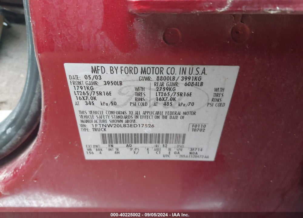 2003 FORD F-250 LARIAT/XL/XLT VIN: 1FTNW20L83ED17526