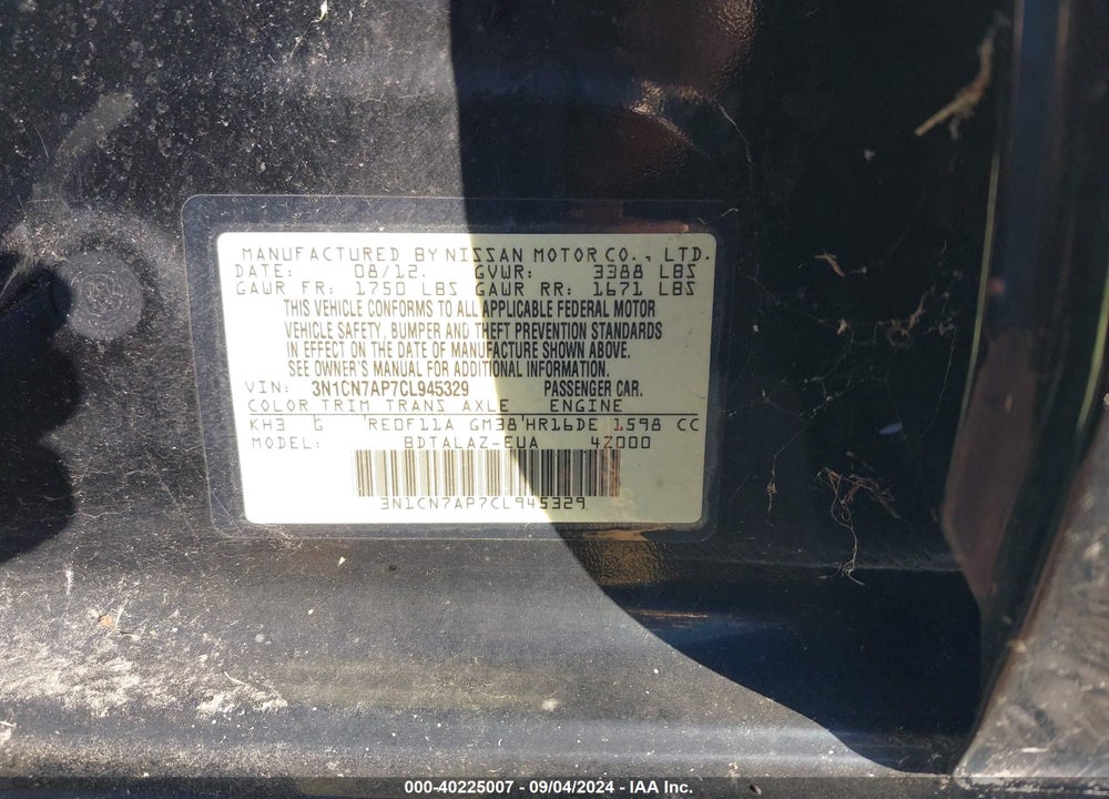 2012 NISSAN VERSA 1.6 S+ VIN: 3N1CN7AP7CL945329