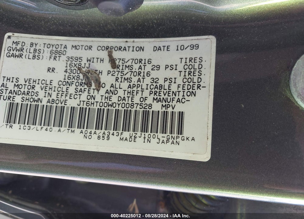 2000 LEXUS LX 470 VIN: JT6HT00W0Y0087528