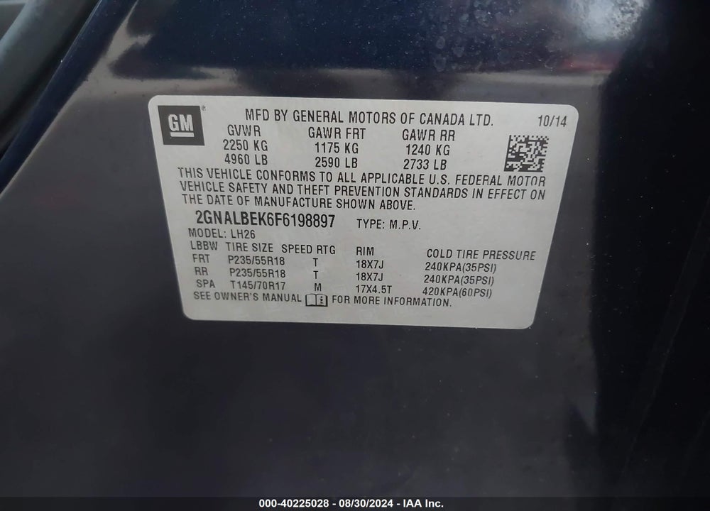 2015 CHEVROLET EQUINOX 1LT VIN: 2GNALBEK6F6198897