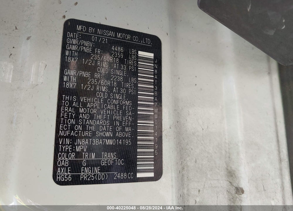 2021 NISSAN ROGUE SV FWD VIN: JN8AT3BA7MW014195