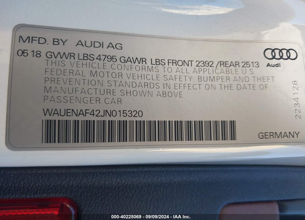 2018 AUDI A4 2.0T PREMIUM/2.0T TECH PREMIUM VIN: WAUENAF42JN015320