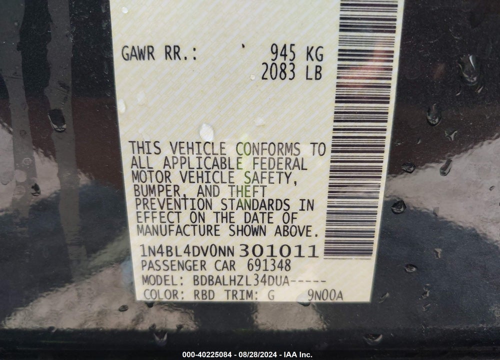 2022 NISSAN ALTIMA SV FWD VIN: 1N4BL4DV0NN301011