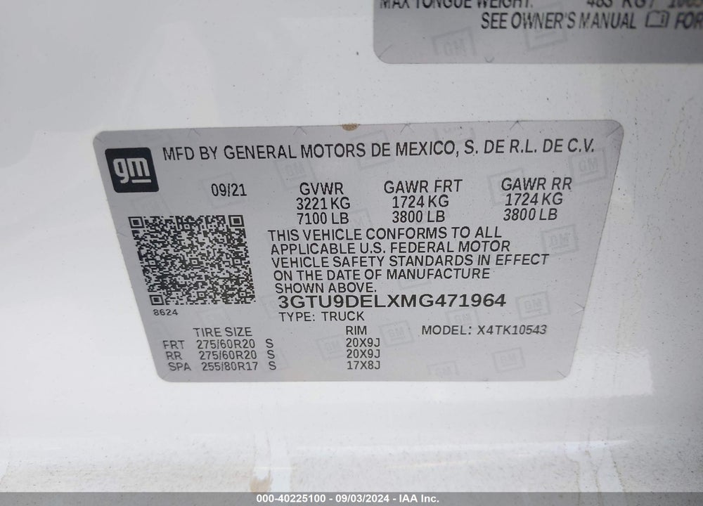 2021 GMC SIERRA 1500 4WD SHORT BOX SLT VIN: 3GTU9DELXMG471964